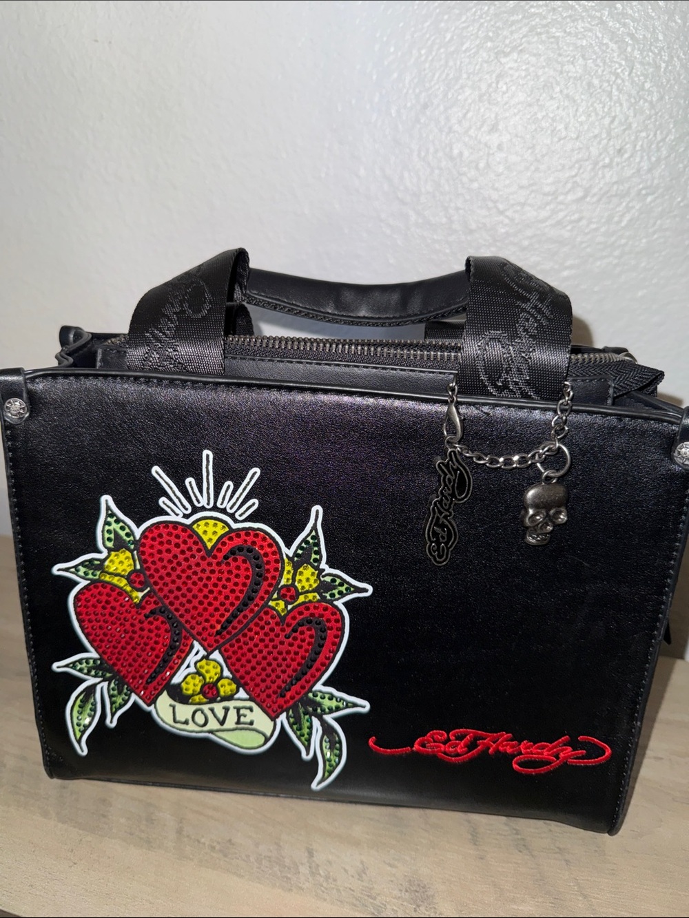 Ed Hardy Black Shoulder Bag with Red Heart Embellishment